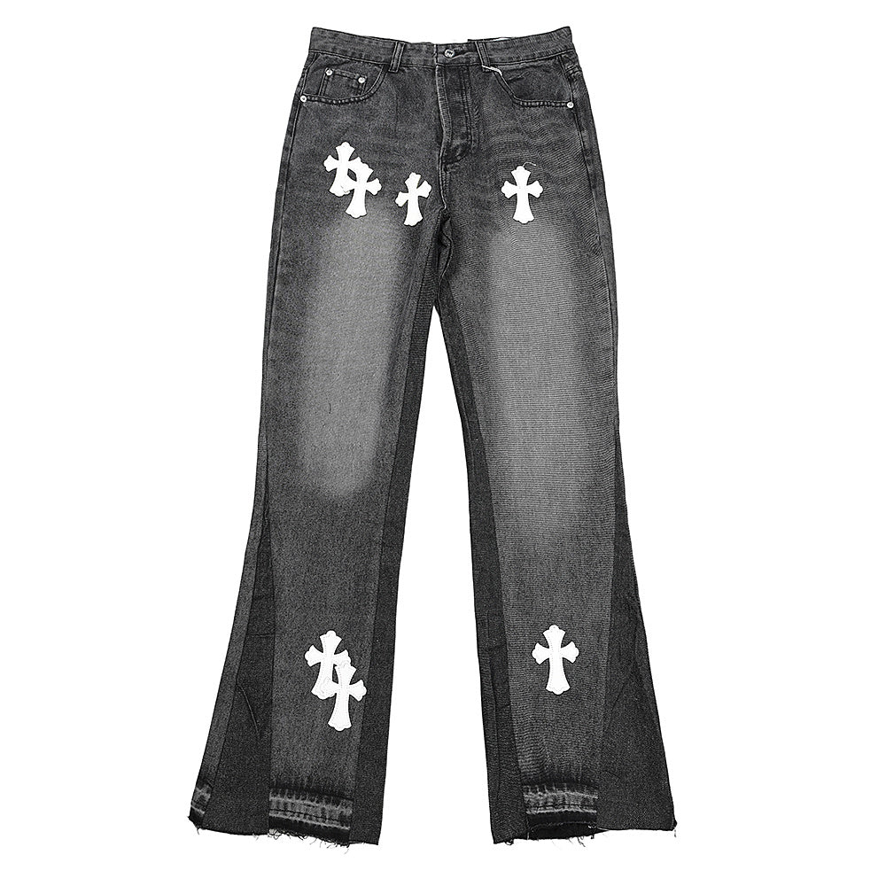 Chrome Hearts Cross Patch Panelled Flare Black Wash Jeans