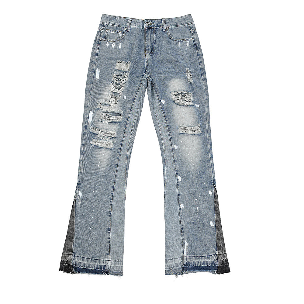 Gallery Dept Panelled Distressed Paint Splatter Flare Light Wash Jeans